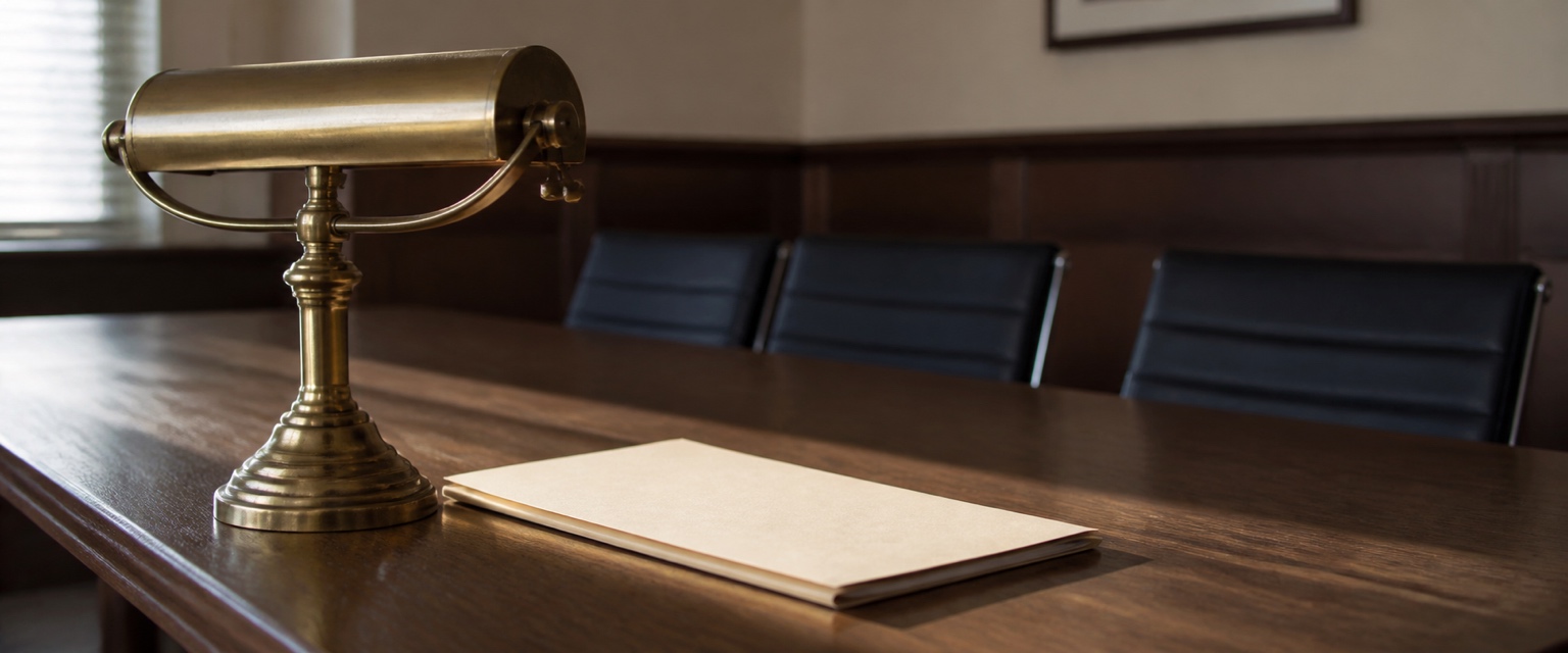 An unlit brass reading lamp and a closed file folder on the corner of a wooden conference table in a quiet law office